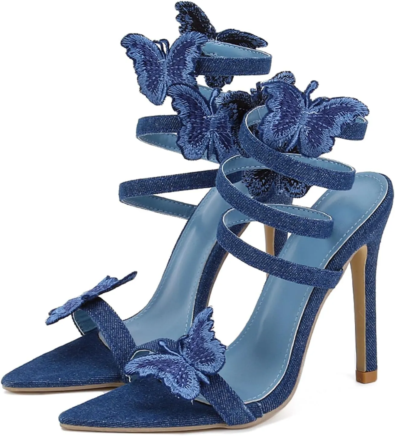 SHEMEE Chic Strappy High Heels for Women Stiletto Gladiator Sandals Embellished Butterfly Denim Tassels Fashion Show Dress Shoes