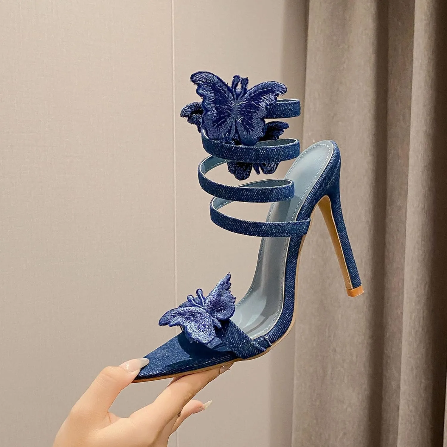 SHEMEE Chic Strappy High Heels for Women Stiletto Gladiator Sandals Embellished Butterfly Denim Tassels Fashion Show Dress Shoes