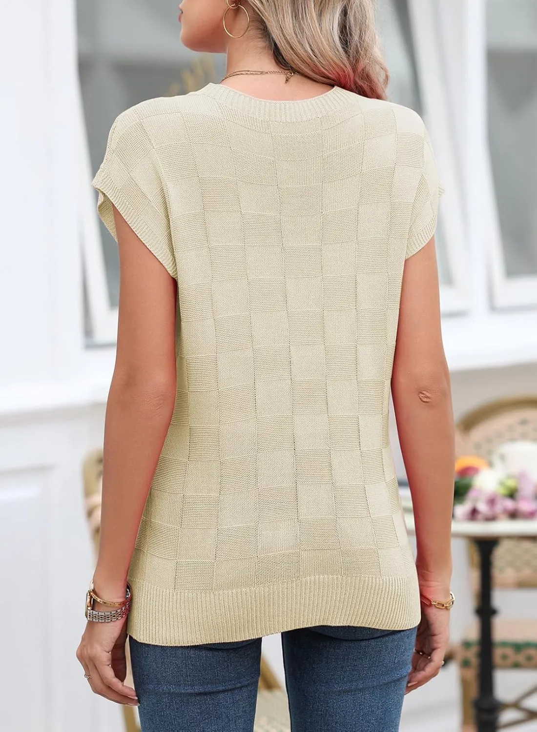 SHEWIN Womens Summer Cap Sleeve Tops Casual Crewneck Knit Short Sleeve Sweater Loose Fit Lightweight Shirts
