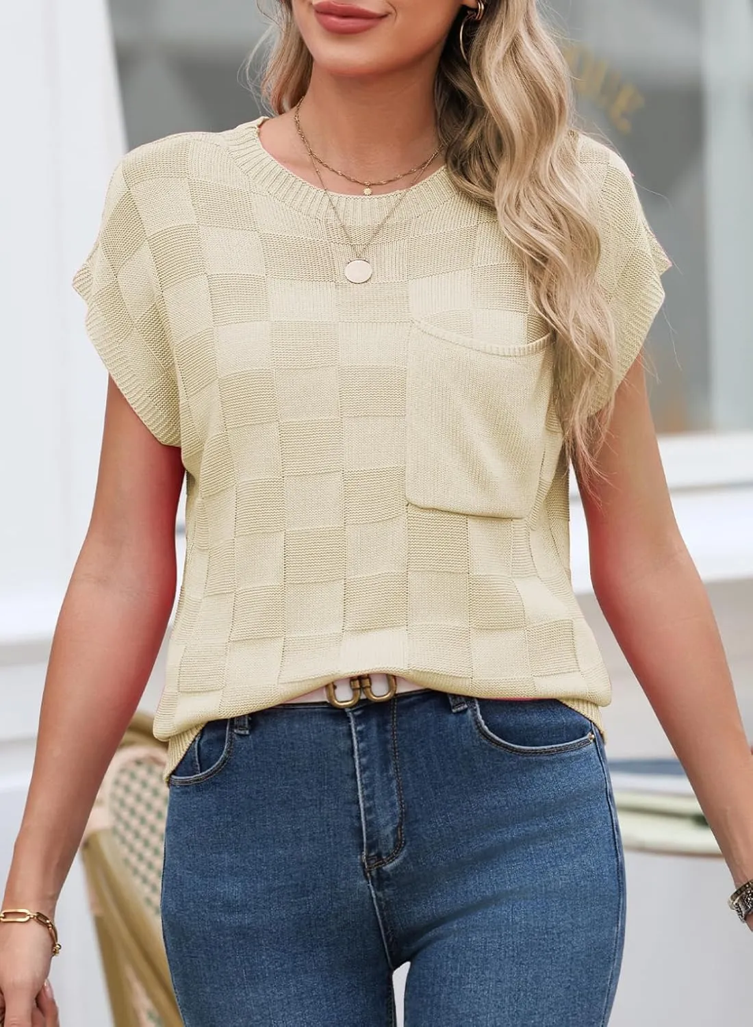 SHEWIN Womens Summer Cap Sleeve Tops Casual Crewneck Knit Short Sleeve Sweater Loose Fit Lightweight Shirts