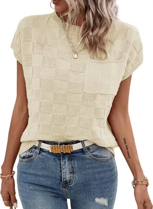 SHEWIN Womens Summer Cap Sleeve Tops Casual Crewneck Knit Short Sleeve Sweater Loose Fit Lightweight Shirts