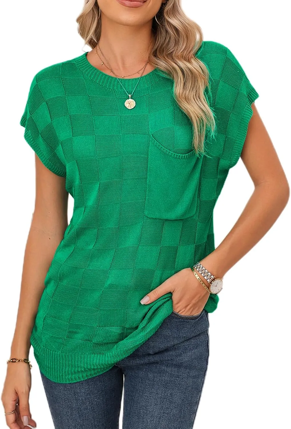 SHEWIN Womens Summer Cap Sleeve Tops Casual Crewneck Knit Short Sleeve Sweater Loose Fit Lightweight Shirts