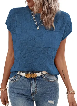 SHEWIN Womens Summer Cap Sleeve Tops Casual Crewneck Knit Short Sleeve Sweater Loose Fit Lightweight Shirts