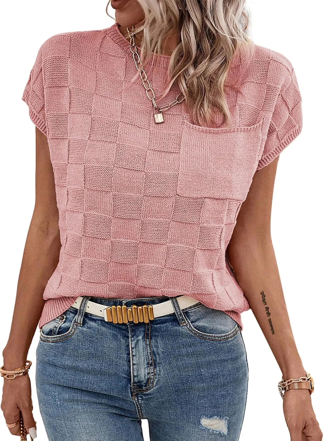 SHEWIN Womens Summer Cap Sleeve Tops Casual Crewneck Knit Short Sleeve Sweater Loose Fit Lightweight Shirts