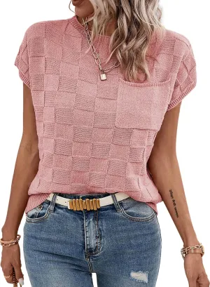 SHEWIN Womens Summer Cap Sleeve Tops Casual Crewneck Knit Short Sleeve Sweater Loose Fit Lightweight Shirts