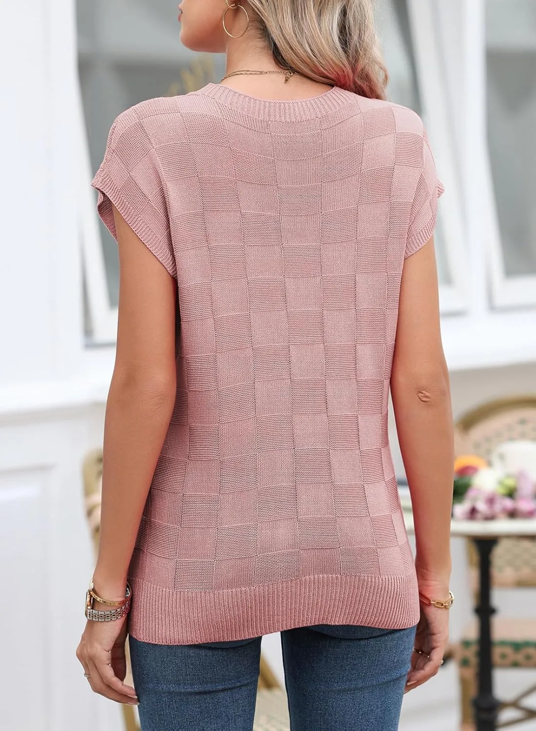 SHEWIN Womens Summer Cap Sleeve Tops Casual Crewneck Knit Short Sleeve Sweater Loose Fit Lightweight Shirts