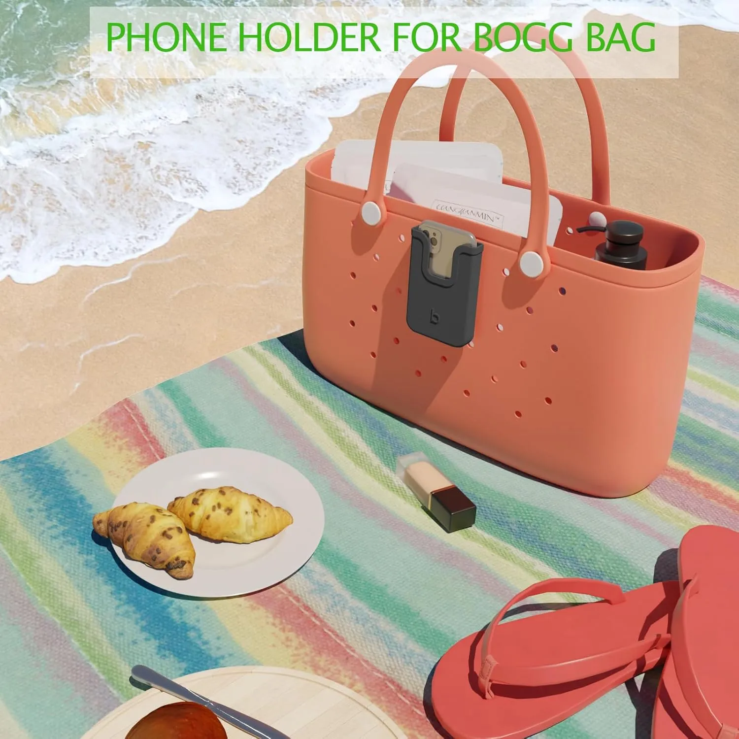 Silicone Phone Holder Compatible with Bogg Bag, Soft Silicone Charm Insert Accessories and Attachment for Bogg Beach Bags, Generic Size Fits for iPhone and Android Phones Black