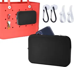 Silicone Phone Holder for Bogg Bag, Phone Holder Compatible with Simple Modern Beach Tote, Zipper Pouch for Bogg Bag Accessories, Pouch with 4 Key Hooks (Black)