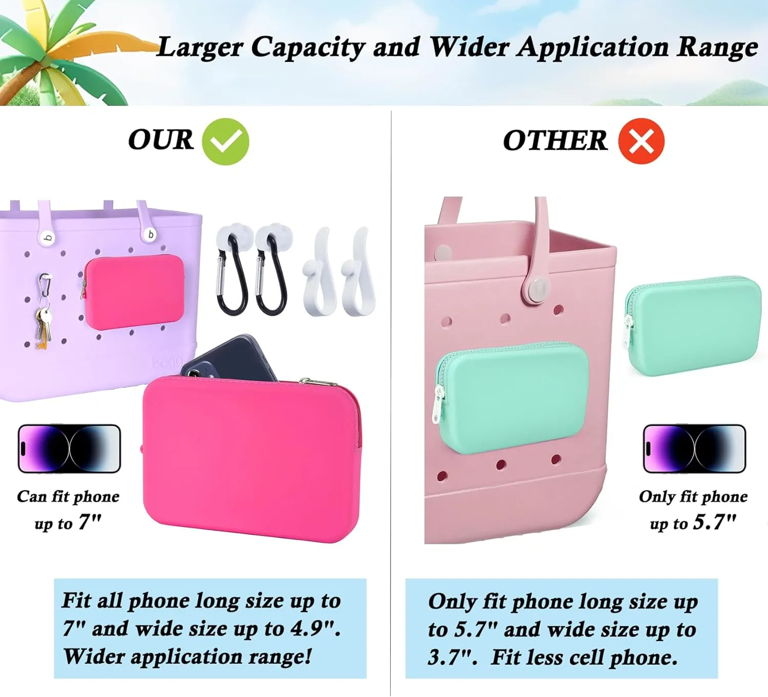 Silicone Phone Holder for Bogg Bag, Phone Holder Compatible with Simple Modern Beach Tote, Zipper Pouch for Bogg Bag Accessories, Pouch with 4 Key Hooks (Black)