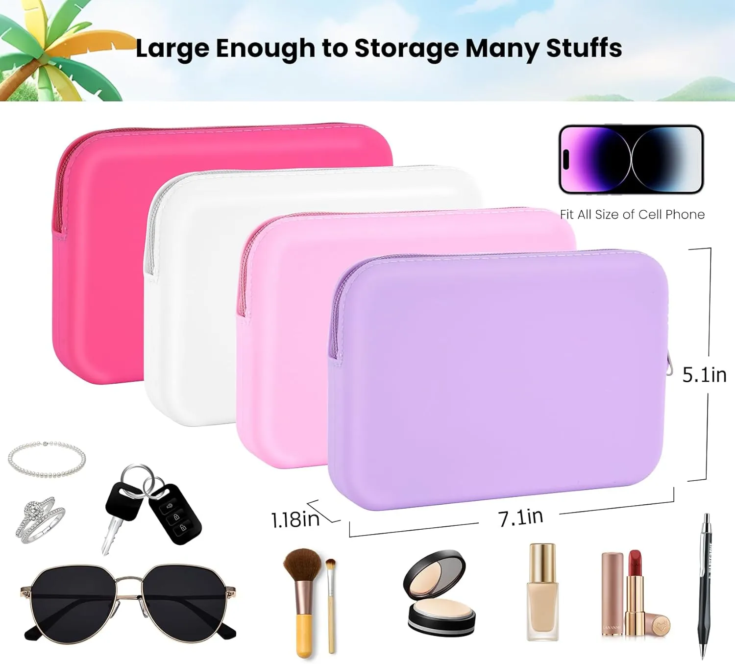 Silicone Phone Holder for Bogg Bag, Phone Holder Compatible with Simple Modern Beach Tote, Zipper Pouch for Bogg Bag Accessories, Pouch with 4 Key Hooks (Black)