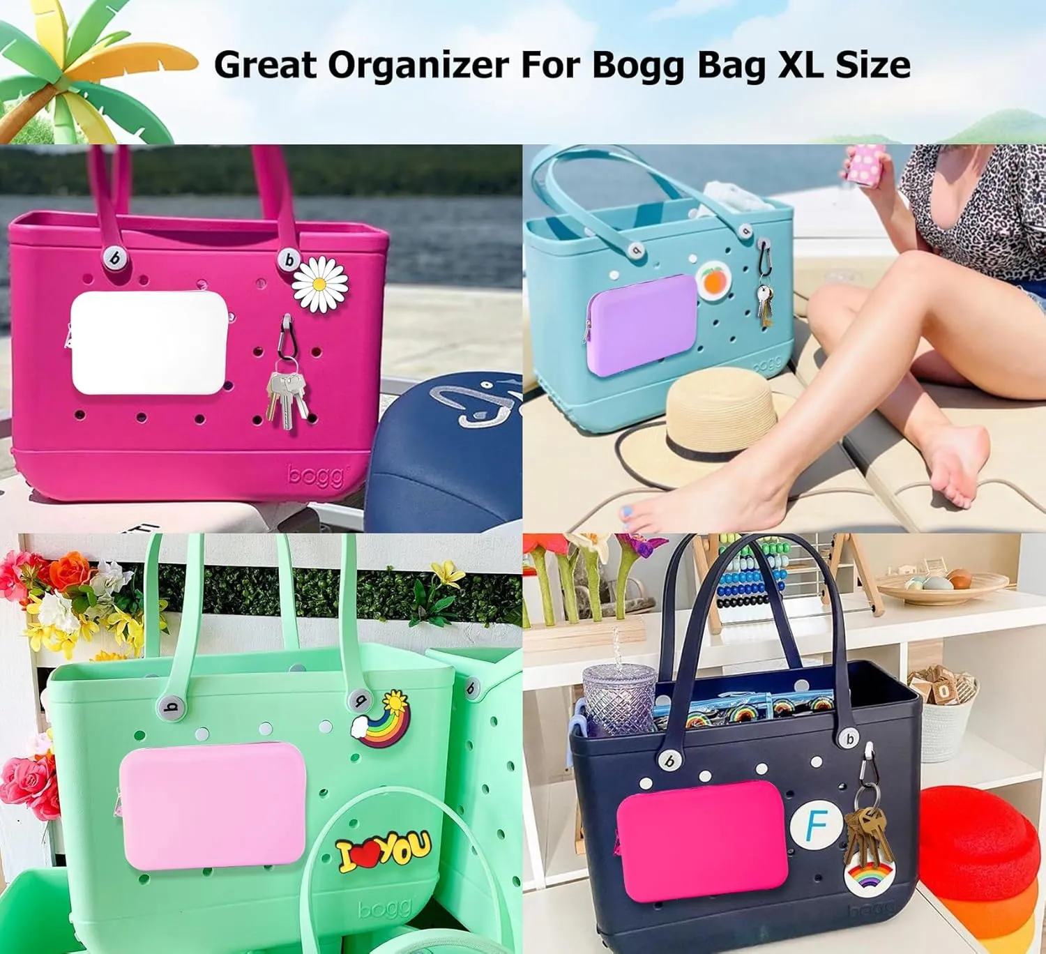 Silicone Phone Holder for Bogg Bag, Phone Holder Compatible with Simple Modern Beach Tote, Zipper Pouch for Bogg Bag Accessories, Pouch with 4 Key Hooks (Black)