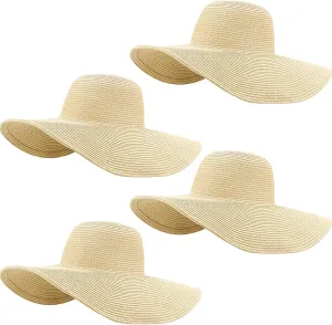 Sintuff 4 Pcs Women's Wide Brim Straw Hats Big Floppy Foldable Roll up Cap Beach Sun Hat UPF 50  for Summer