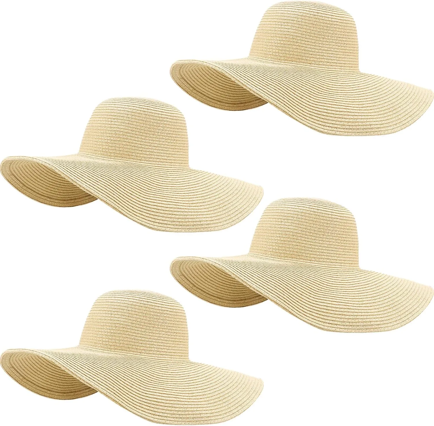 Sintuff 4 Pcs Women's Wide Brim Straw Hats Big Floppy Foldable Roll up Cap Beach Sun Hat UPF 50  for Summer