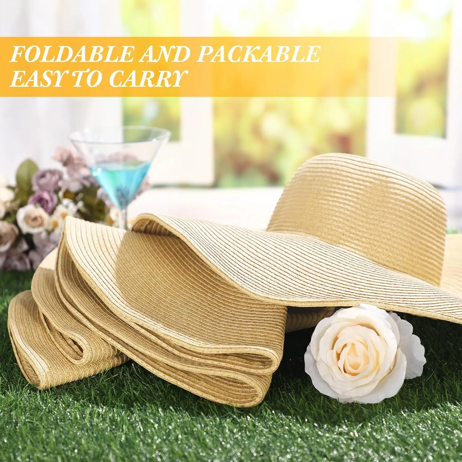 Sintuff 4 Pcs Women's Wide Brim Straw Hats Big Floppy Foldable Roll up Cap Beach Sun Hat UPF 50  for Summer