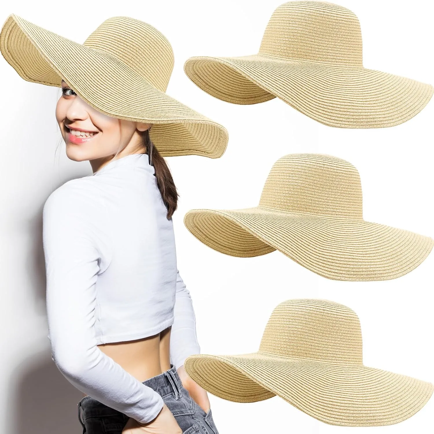Sintuff 4 Pcs Women's Wide Brim Straw Hats Big Floppy Foldable Roll up Cap Beach Sun Hat UPF 50  for Summer