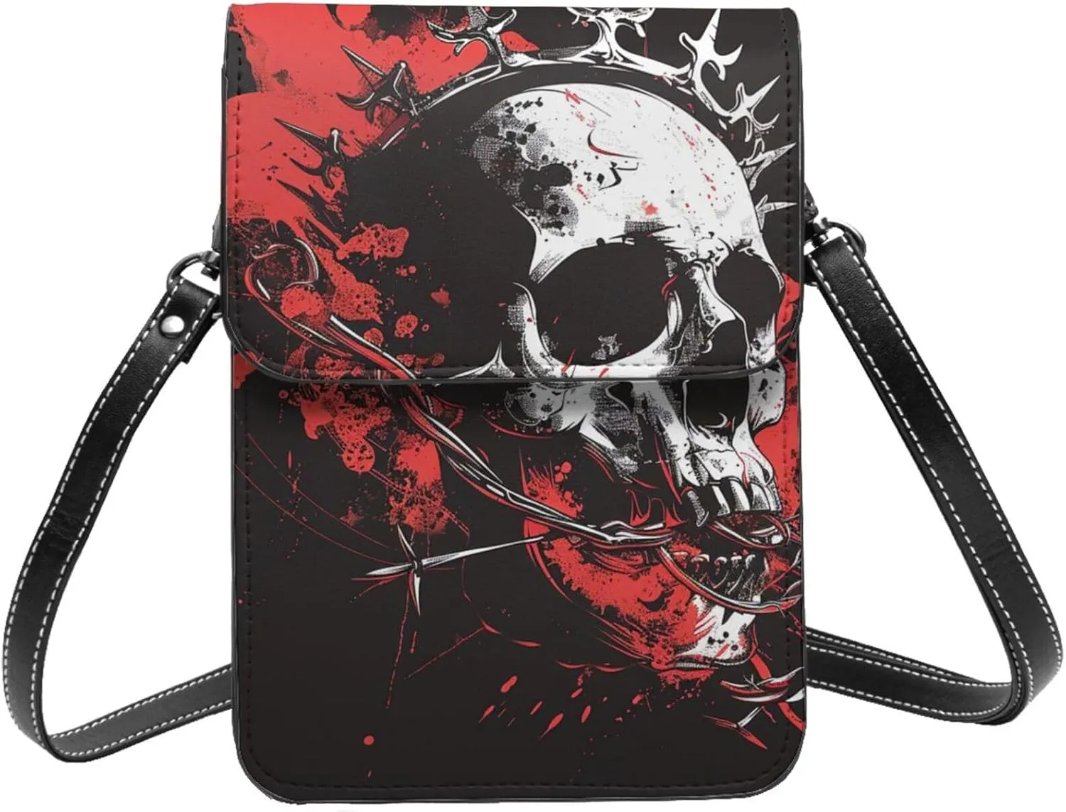 skull crown of thorns graffiti Dead fantasy dark abstract Leather Small Crossbody Bags for Women Cell Phone Bag Wallet Purses with Adjustable Strap