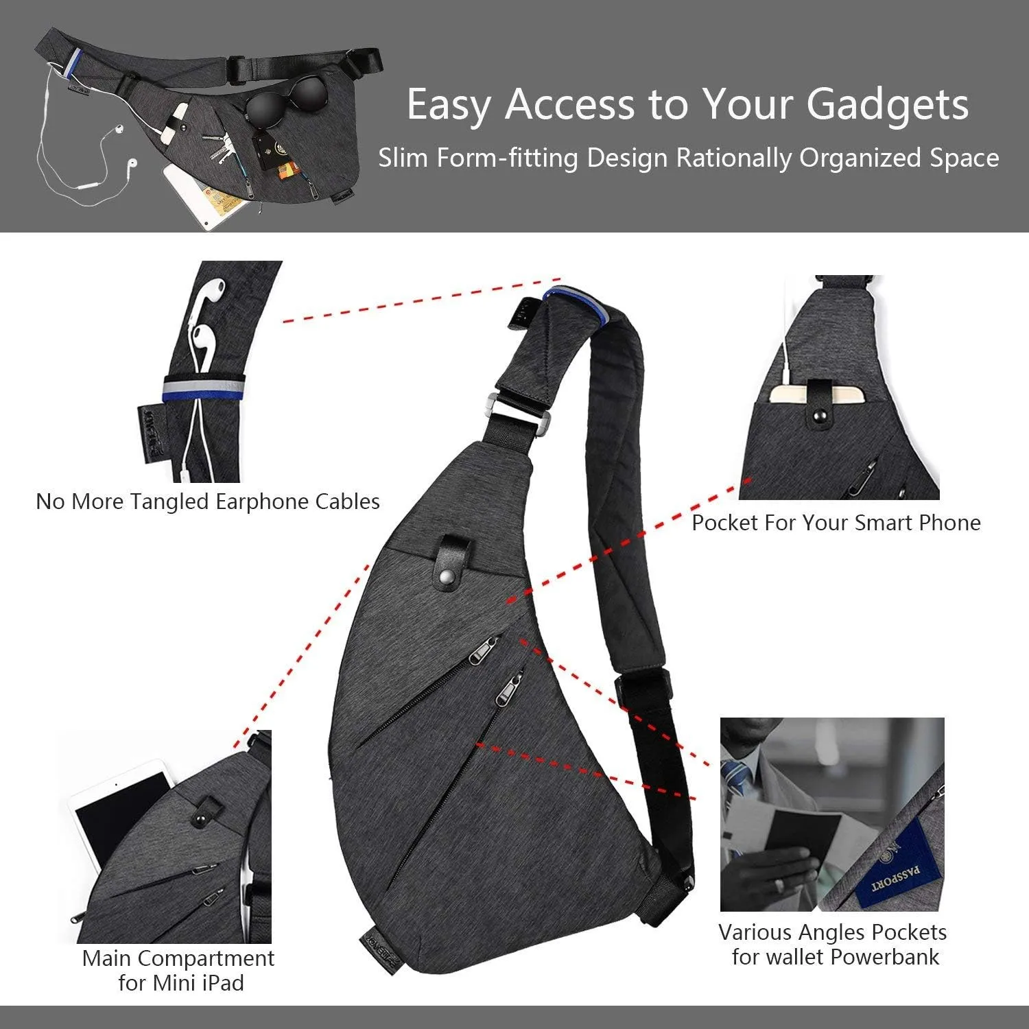 Sling Bag Anti Theft Travel Bags Crossbody Shoulder Bag for Men and Women