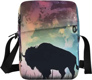 Sling Bag Bison Silhouette Print, Crossbody Messenger Bags Purse with Phone Card Passport Compartment 6.6×9.4×2.5 IN