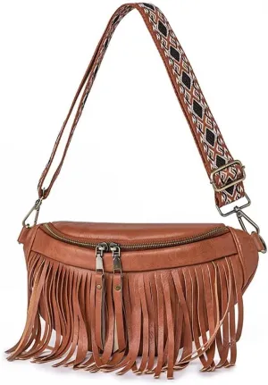 Sling Crossbody Bag for Women Vintage Hobo Bag Leather Chest Bag Fringe Shoulder Handbag Fanny Pack with Guitar Strap