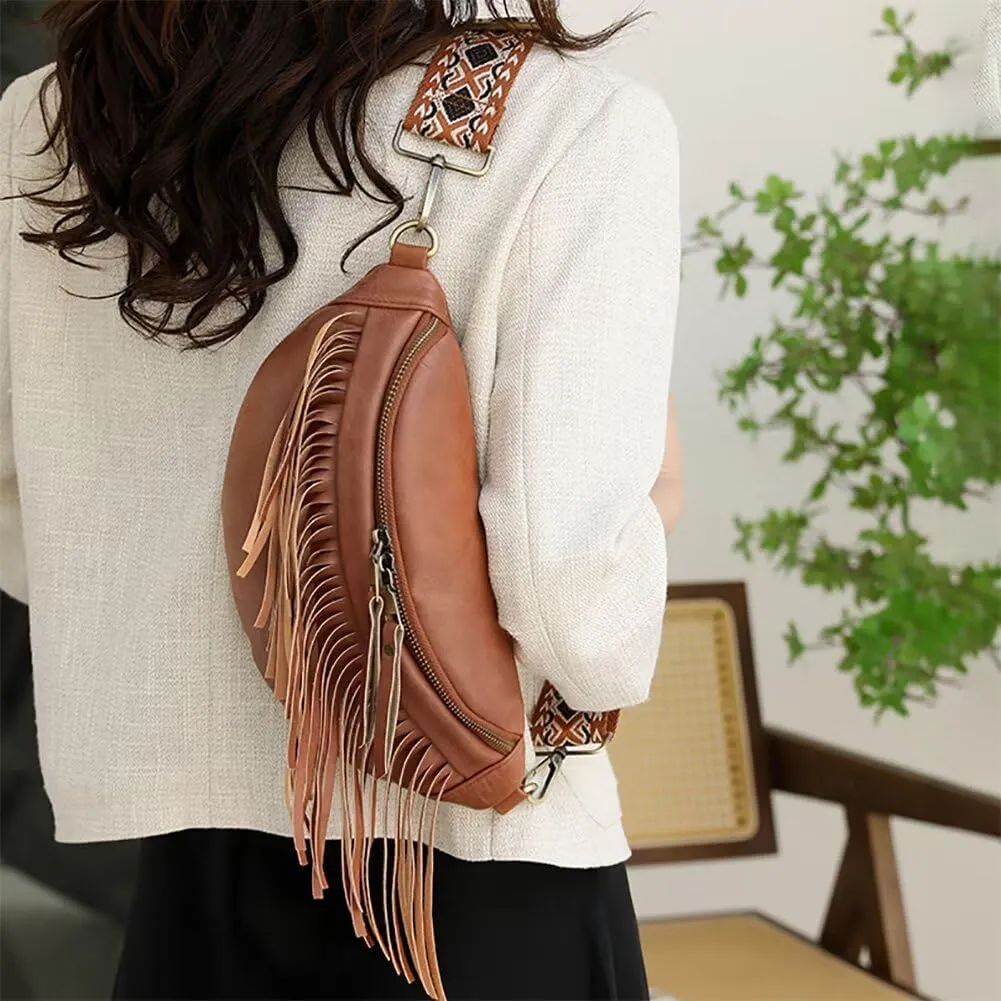 Sling Crossbody Bag for Women Vintage Hobo Bag Leather Chest Bag Fringe Shoulder Handbag Fanny Pack with Guitar Strap