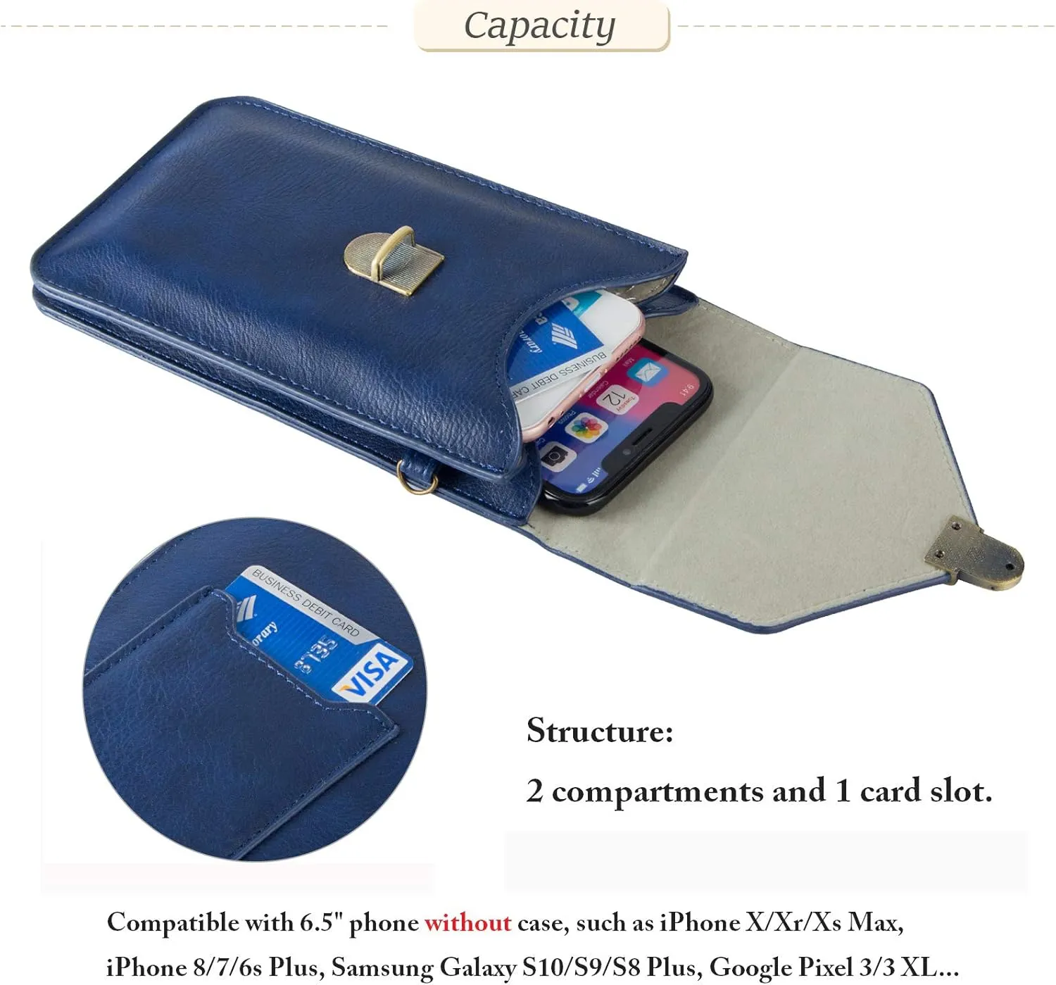 Small Cell Phone Purse, Synthetic Leather Crossbody Bag Dual Pockets Card Holder Neck Pouch with Adjustable Strap for iPhone X Xr 8 7 6s Plus, Galaxy S10 S9 S8 Plus, LG G8 ThinQ, Blue