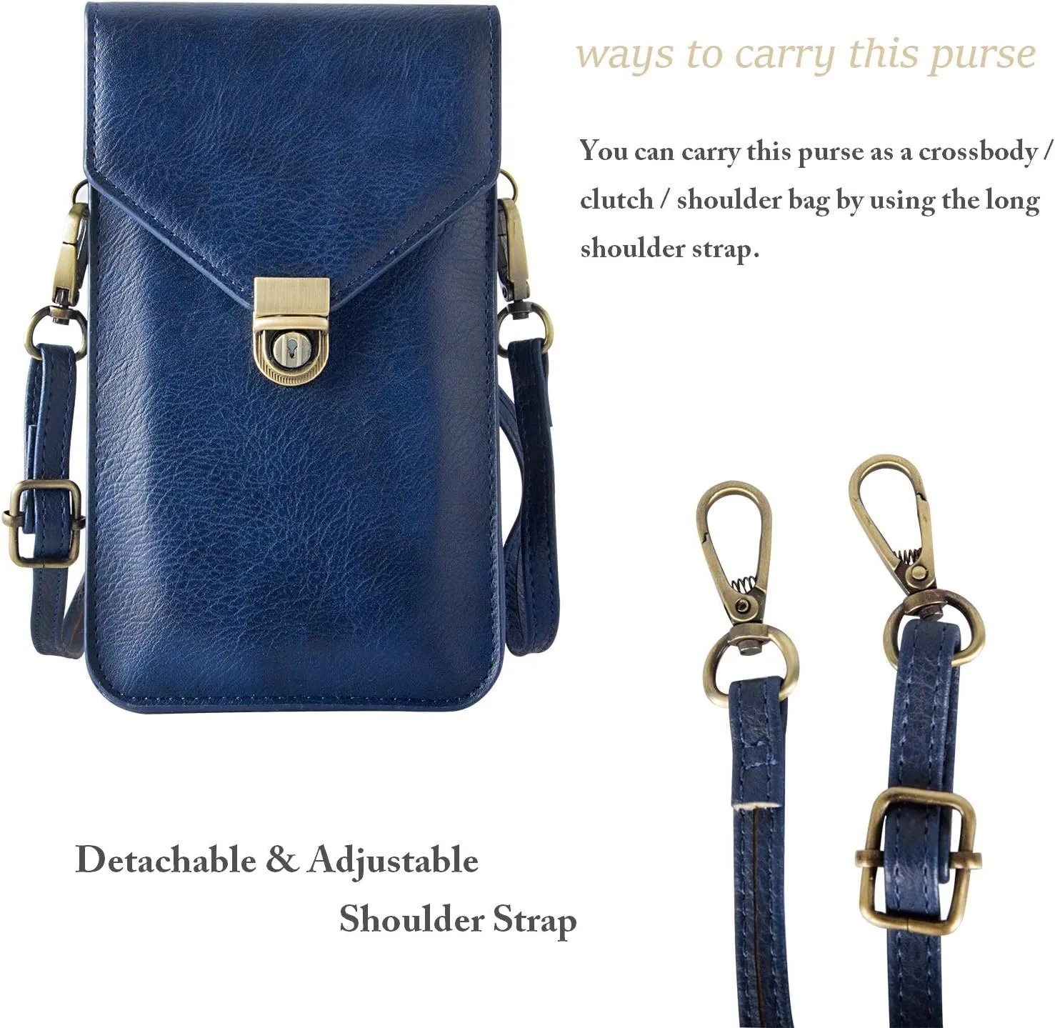 Small Cell Phone Purse, Synthetic Leather Crossbody Bag Dual Pockets Card Holder Neck Pouch with Adjustable Strap for iPhone X Xr 8 7 6s Plus, Galaxy S10 S9 S8 Plus, LG G8 ThinQ, Blue