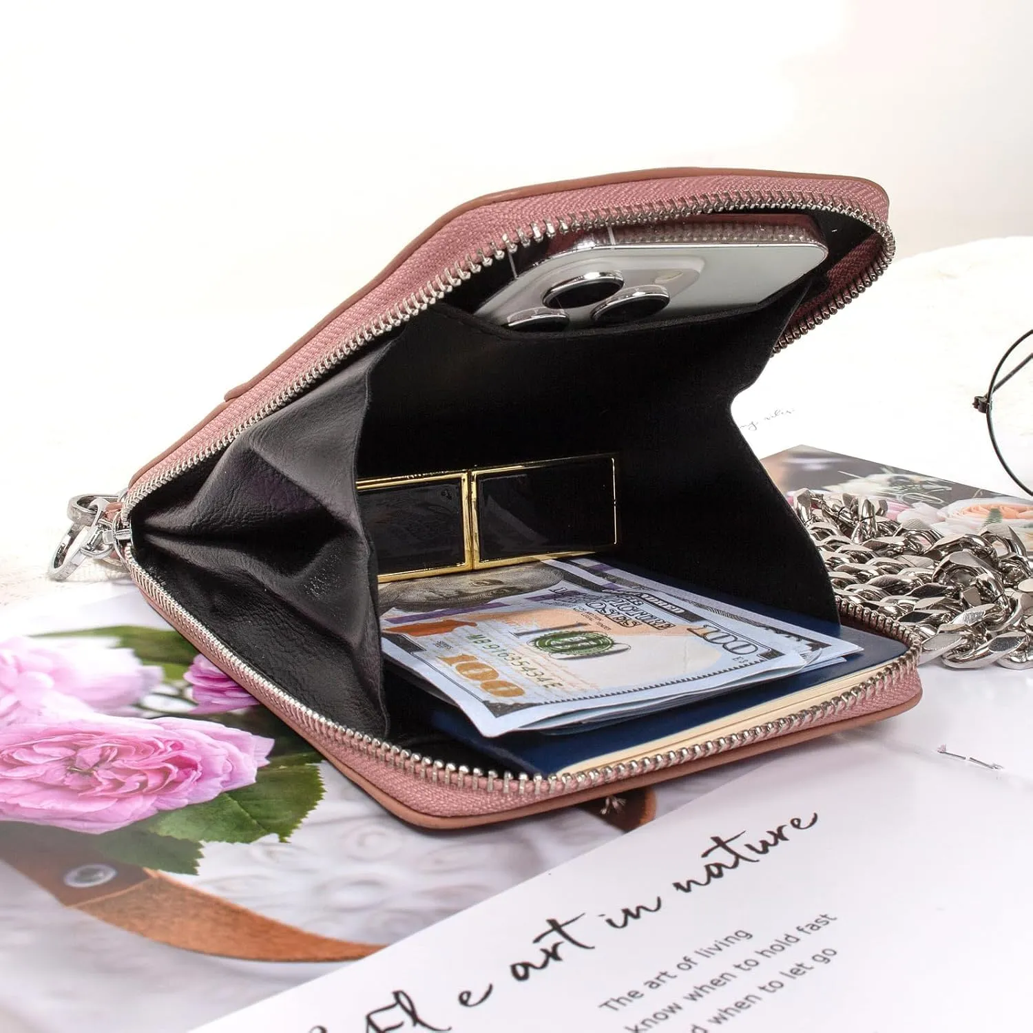 Small Crossbody Bag Cell Phone Holder Chain Strap Shoulder Purse Wallet Leather Card Slot Clutch for Women