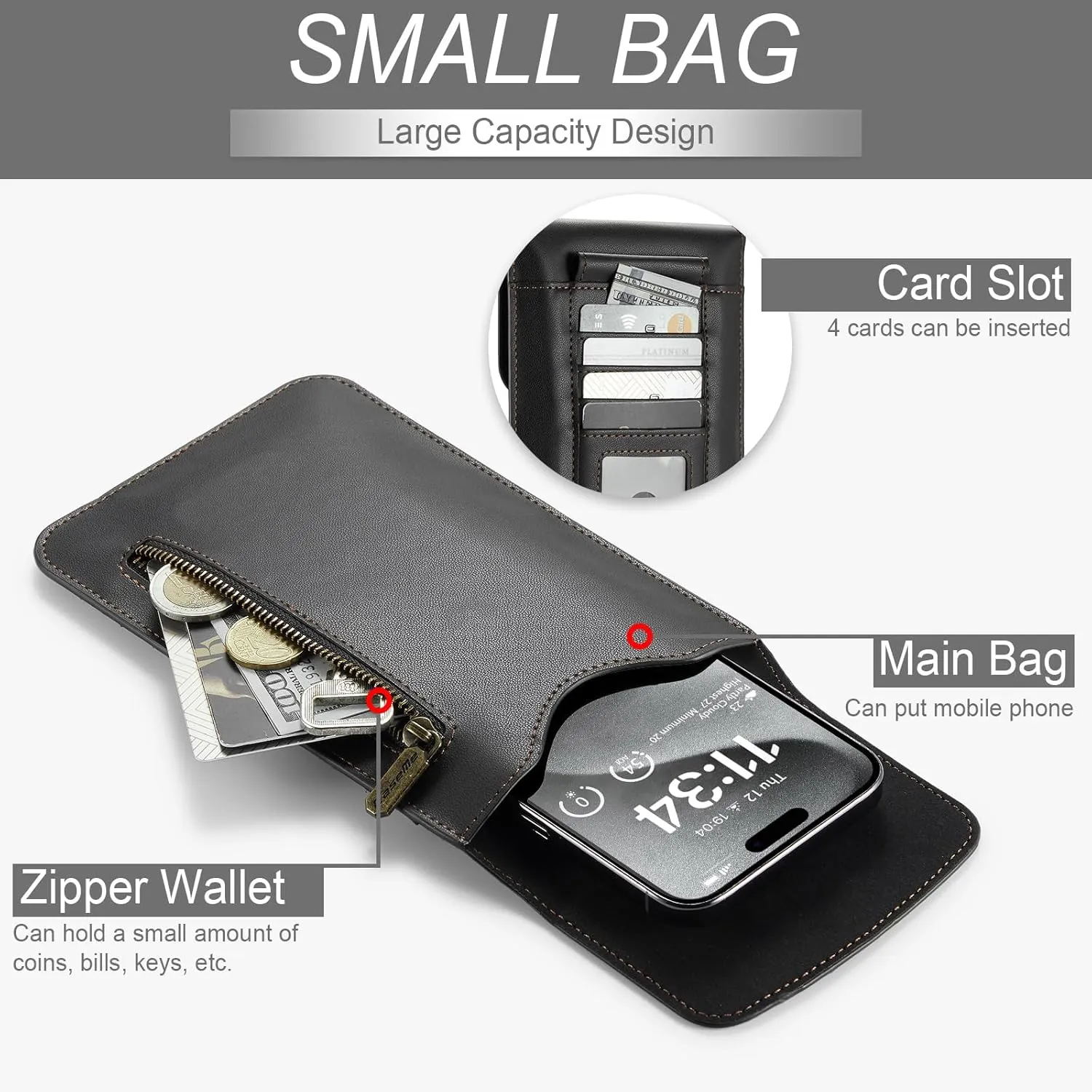 Small Crossbody Bag Cell Phone Purse for Women Men Leather Mini Shoulder Bag Wallet Case with Card Holder Slot Lanyard for All Smartphones iPhone 15 14 11 Samsung Google Moto up to 7.5" Black