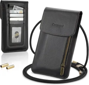 Small Crossbody Bag Cell Phone Purse for Women Men Leather Mini Shoulder Bag Wallet Case with Card Holder Slot Lanyard for All Smartphones iPhone 15 14 11 Samsung Google Moto up to 7.5" Black