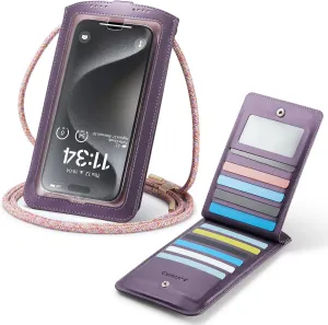 Small Crossbody Bag Cell Phone Purse for Women Men Leather Mini Shoulder Bag Wallet Case with Card Holder Slot Pouch Neck Strap Lanyard for All Smartphones iPhone 15 Samsung up to 7.5" Puple