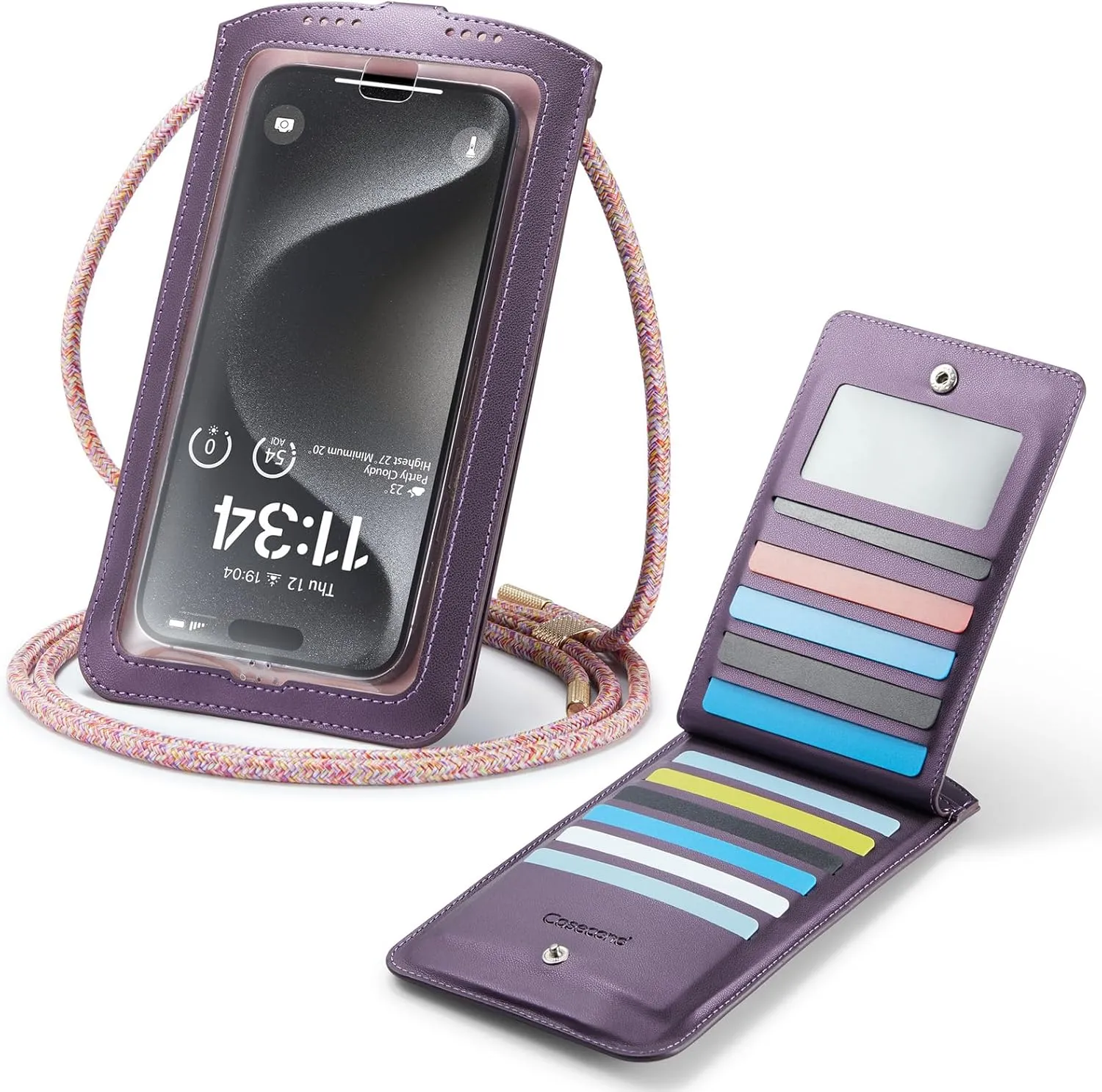 Small Crossbody Bag Cell Phone Purse for Women Men Leather Mini Shoulder Bag Wallet Case with Card Holder Slot Pouch Neck Strap Lanyard for All Smartphones iPhone 15 Samsung up to 7.5" Puple