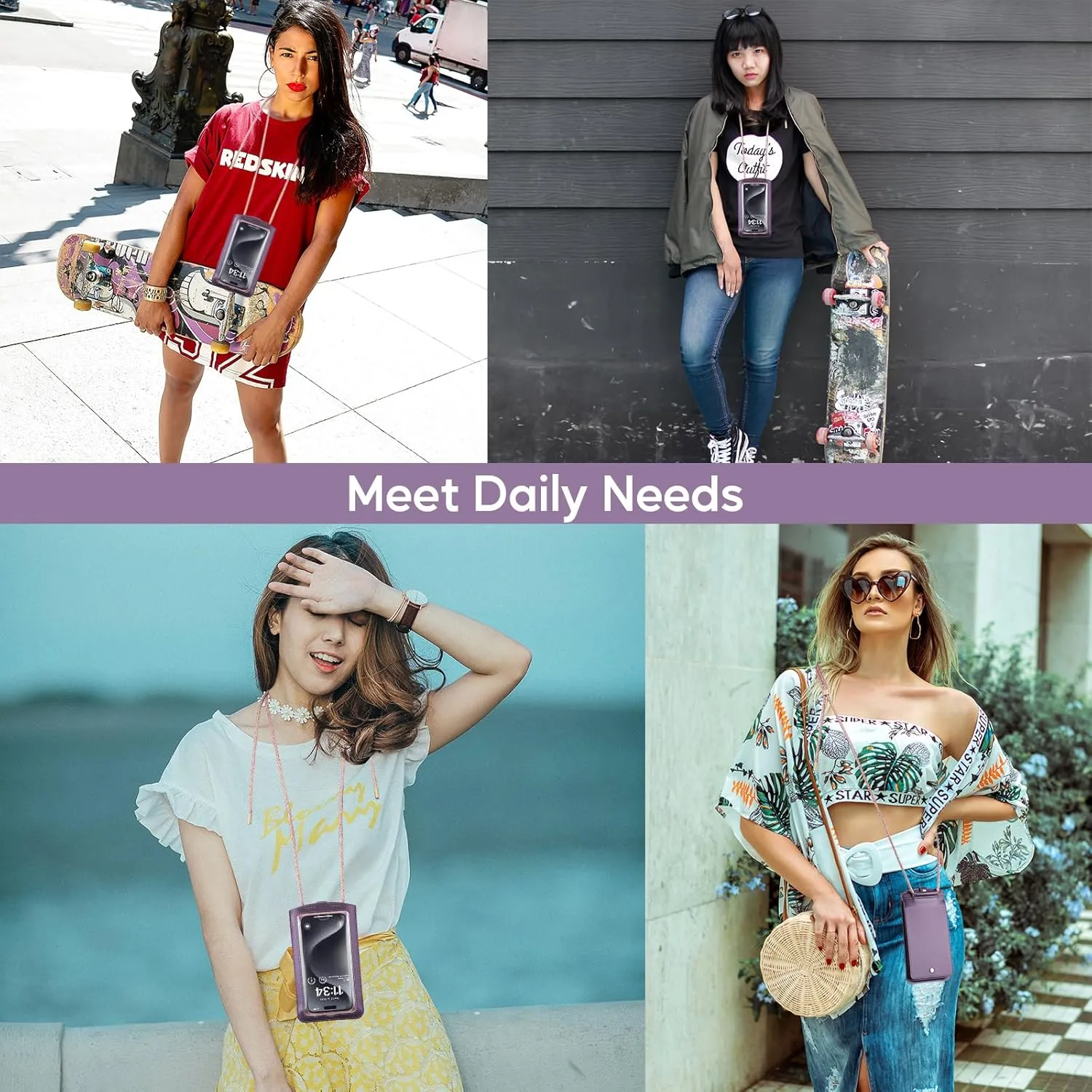 Small Crossbody Bag Cell Phone Purse for Women Men Leather Mini Shoulder Bag Wallet Case with Card Holder Slot Pouch Neck Strap Lanyard for All Smartphones iPhone 15 Samsung up to 7.5" Puple