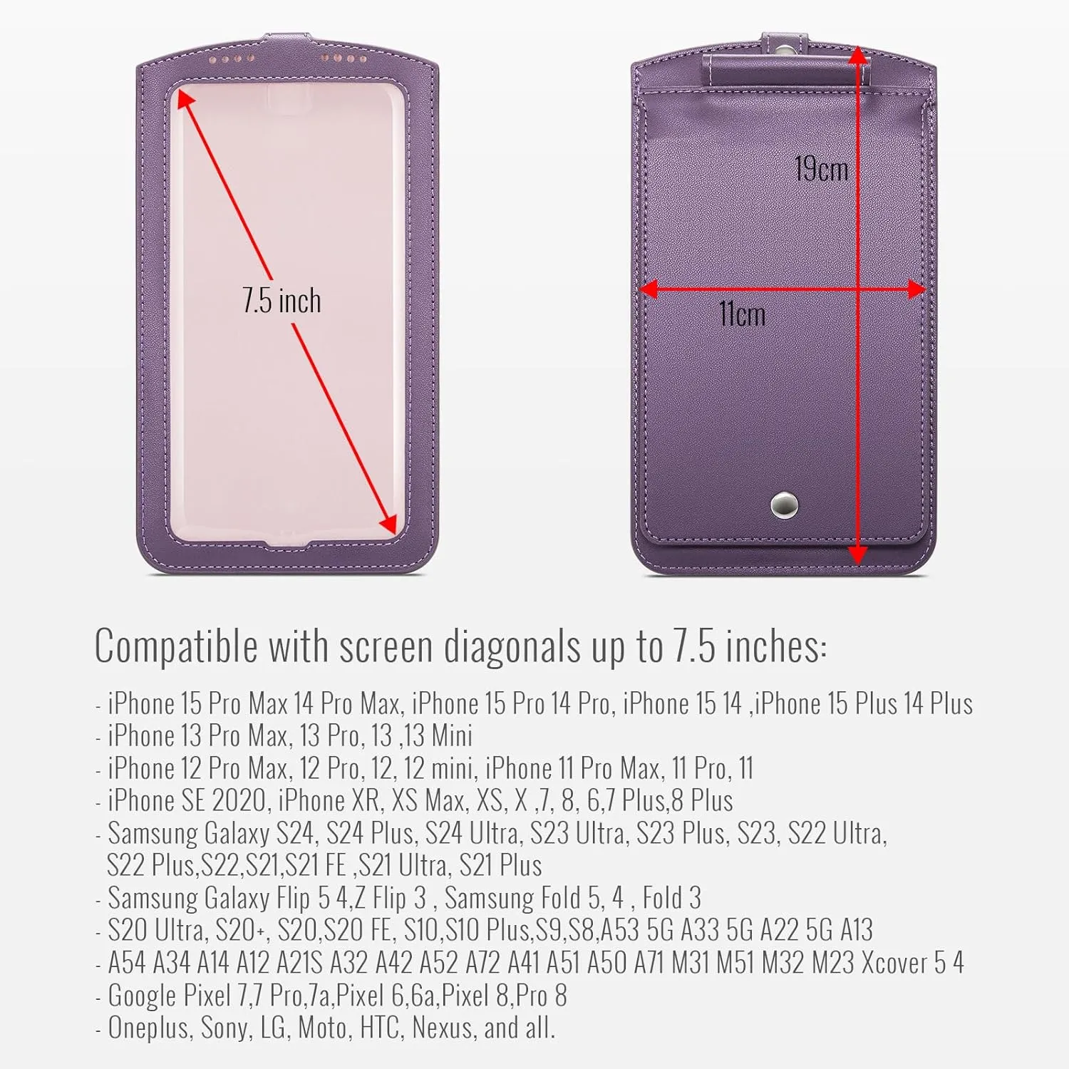 Small Crossbody Bag Cell Phone Purse for Women Men Leather Mini Shoulder Bag Wallet Case with Card Holder Slot Pouch Neck Strap Lanyard for All Smartphones iPhone 15 Samsung up to 7.5" Puple