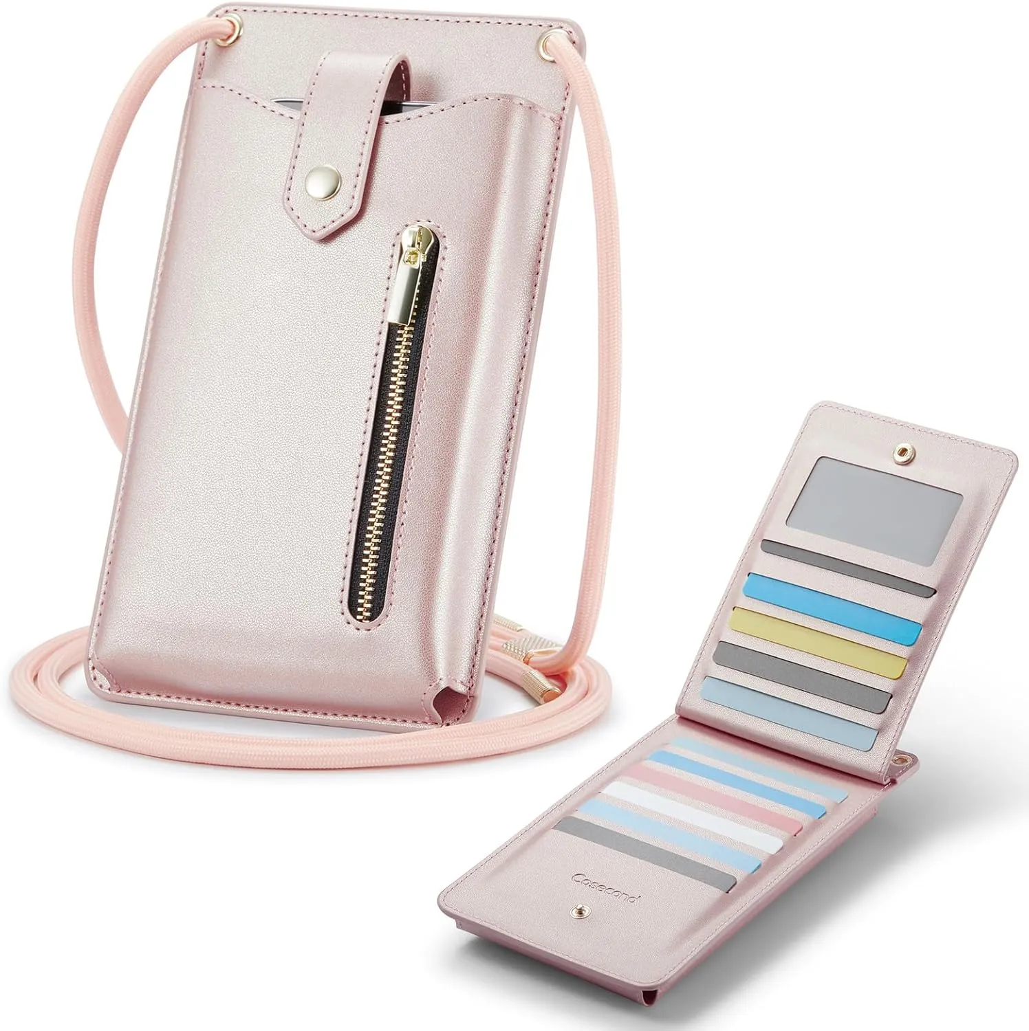 Small Crossbody Bag Cell Phone Purse for Women Men Leather Mini Shoulder Bag Wallet Case with Card Holder Slot Pouch Neck Strap Lanyard for All Smartphones iPhone Samsung up to 7.3" Rose Gold