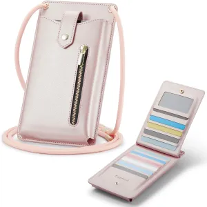 Small Crossbody Bag Cell Phone Purse for Women Men Leather Mini Shoulder Bag Wallet Case with Card Holder Slot Pouch Neck Strap Lanyard for All Smartphones iPhone Samsung up to 7.3" Rose Gold