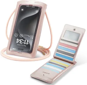 Small Crossbody Bag Cell Phone Purse for Women Men Leather Mini Shoulder Bag Wallet Case with Card Holder Slot Pouch Neck Strap Lanyard for All Smartphones iPhone Samsung up to 7.5" Rose Gold