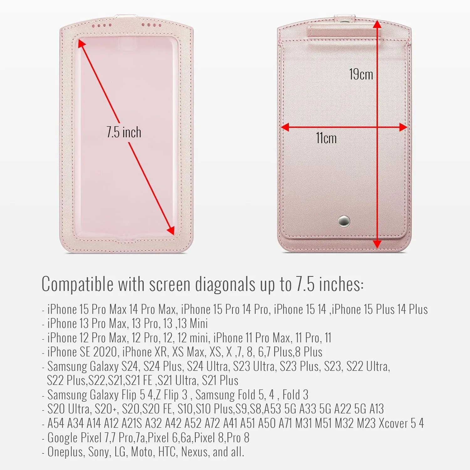 Small Crossbody Bag Cell Phone Purse for Women Men Leather Mini Shoulder Bag Wallet Case with Card Holder Slot Pouch Neck Strap Lanyard for All Smartphones iPhone Samsung up to 7.5" Rose Gold