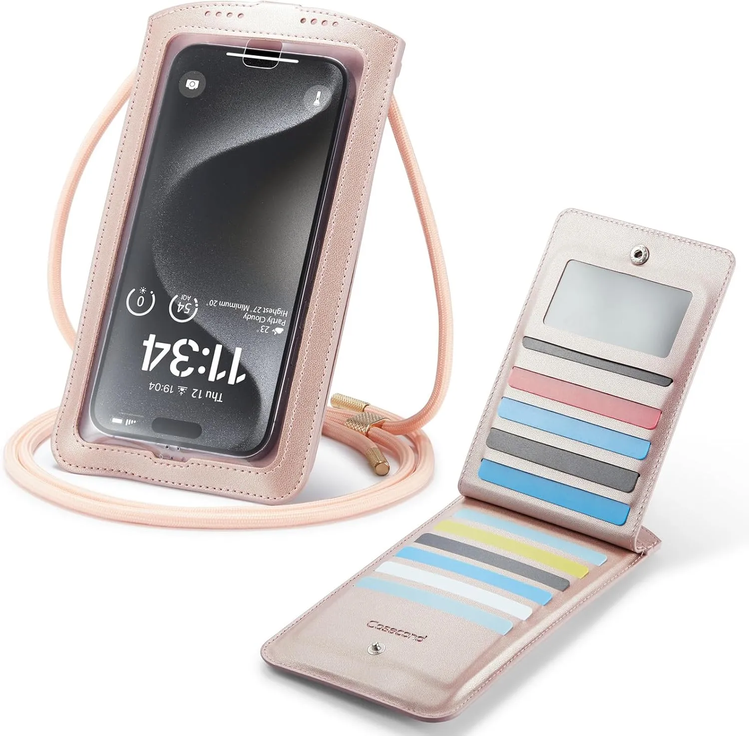 Small Crossbody Bag Cell Phone Purse for Women Men Leather Mini Shoulder Bag Wallet Case with Card Holder Slot Pouch Neck Strap Lanyard for All Smartphones iPhone Samsung up to 7.5" Rose Gold