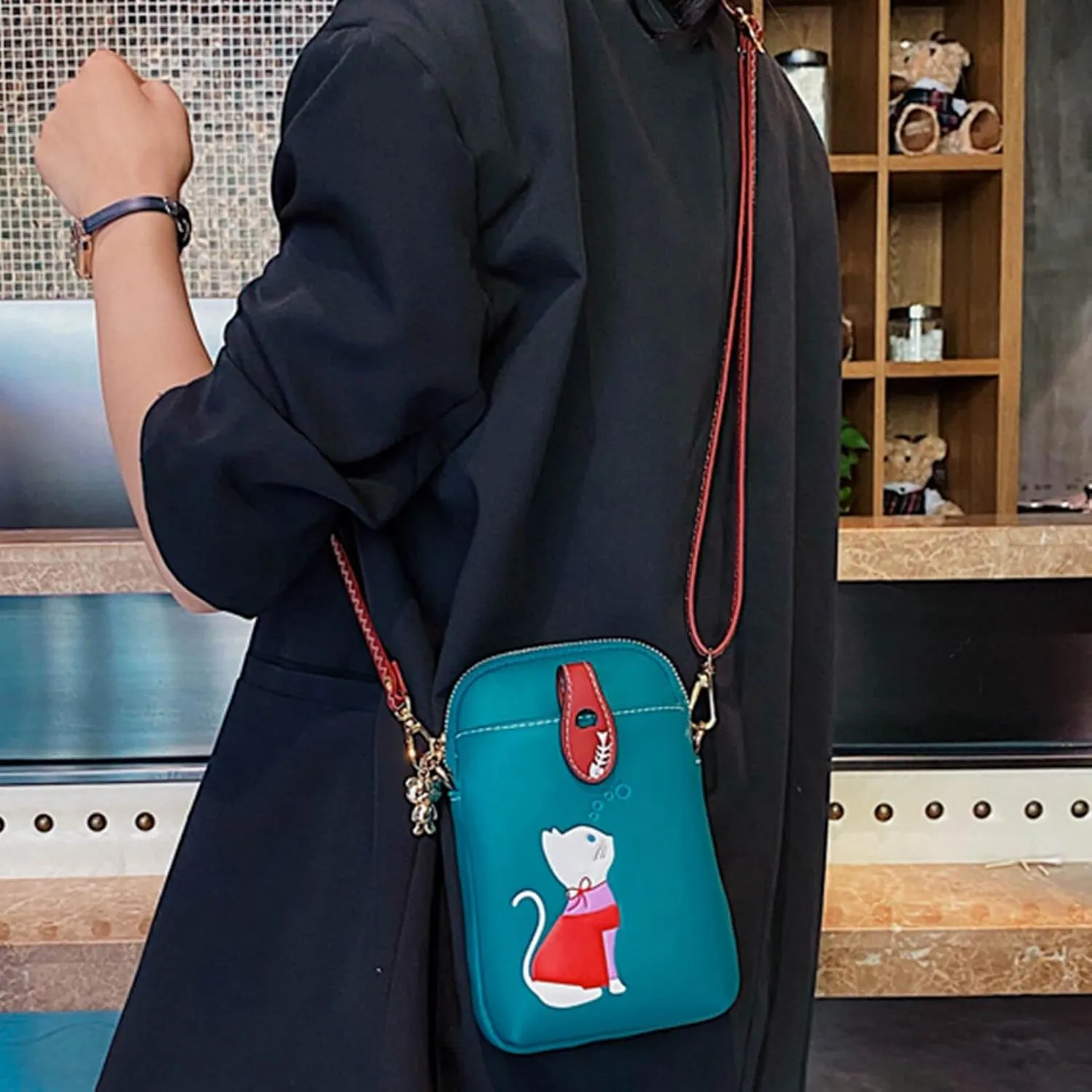 Small Crossbody Bag for Women Leather Lightweight Cute Cat Cell Phone Purse with Crossbody Strap