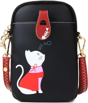 Small Crossbody Bag for Women Leather Lightweight Cute Cat Cell Phone Purse with Crossbody Strap