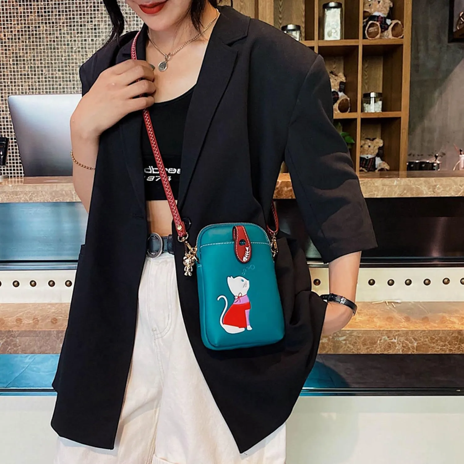 Small Crossbody Bag for Women Leather Lightweight Cute Cat Cell Phone Purse with Crossbody Strap