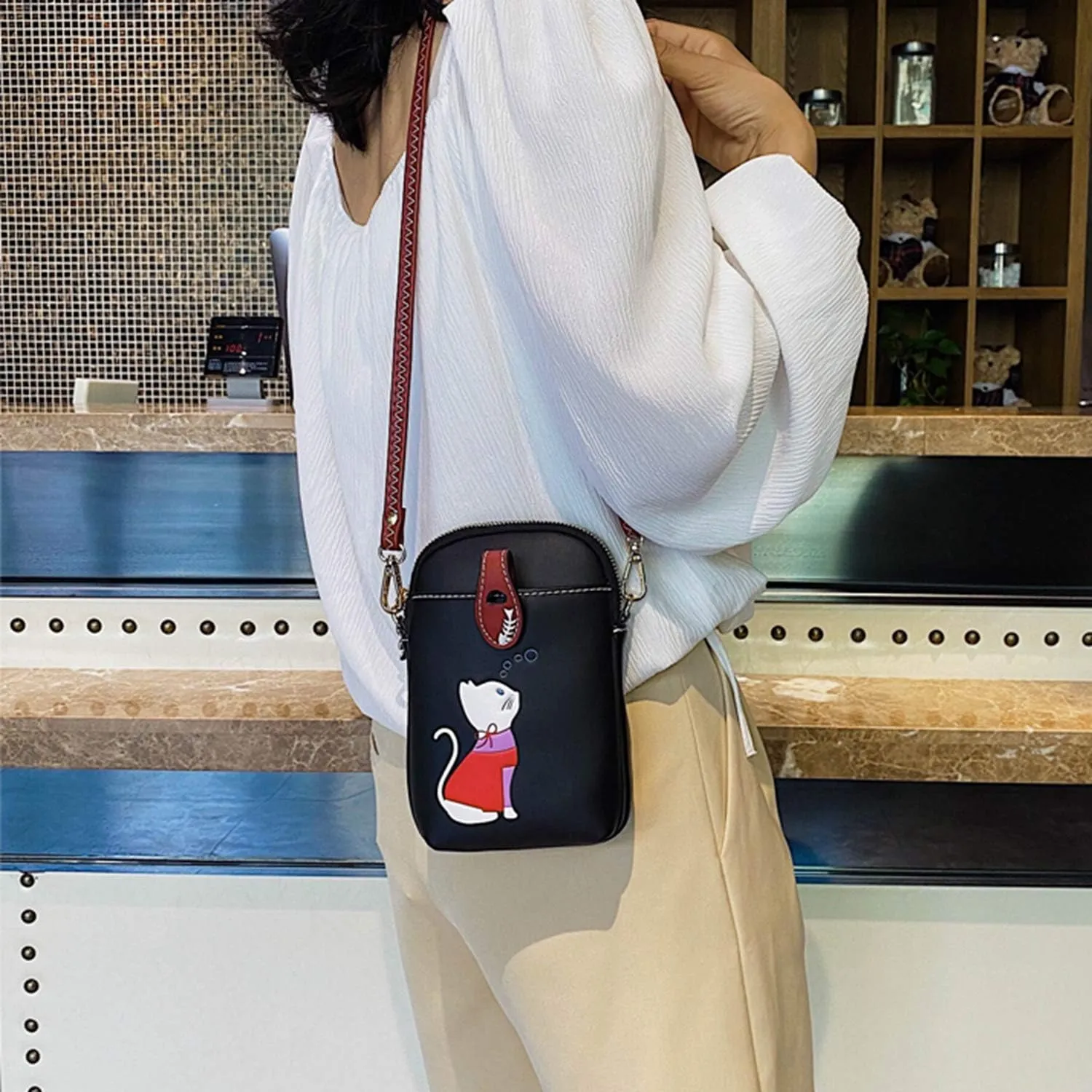 Small Crossbody Bag for Women Leather Lightweight Cute Cat Cell Phone Purse with Crossbody Strap