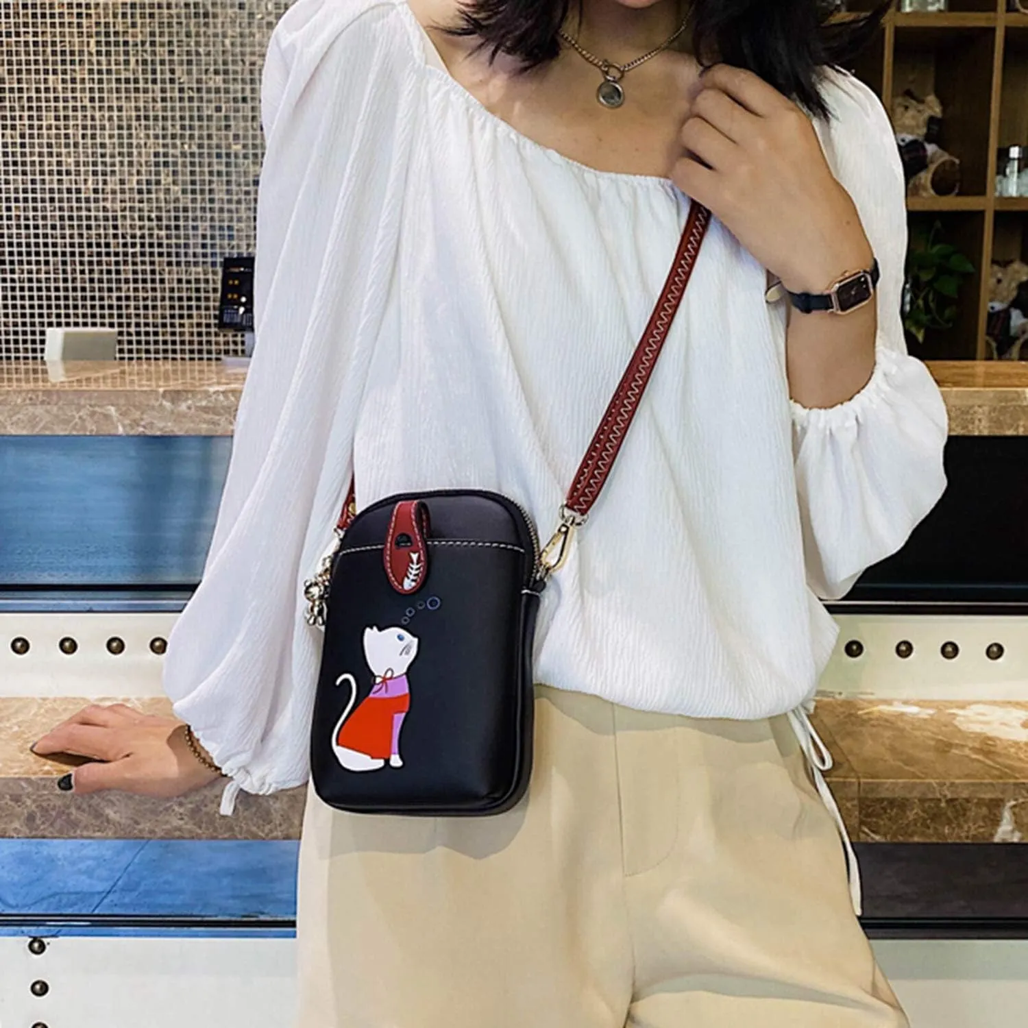 Small Crossbody Bag for Women Leather Lightweight Cute Cat Cell Phone Purse with Crossbody Strap
