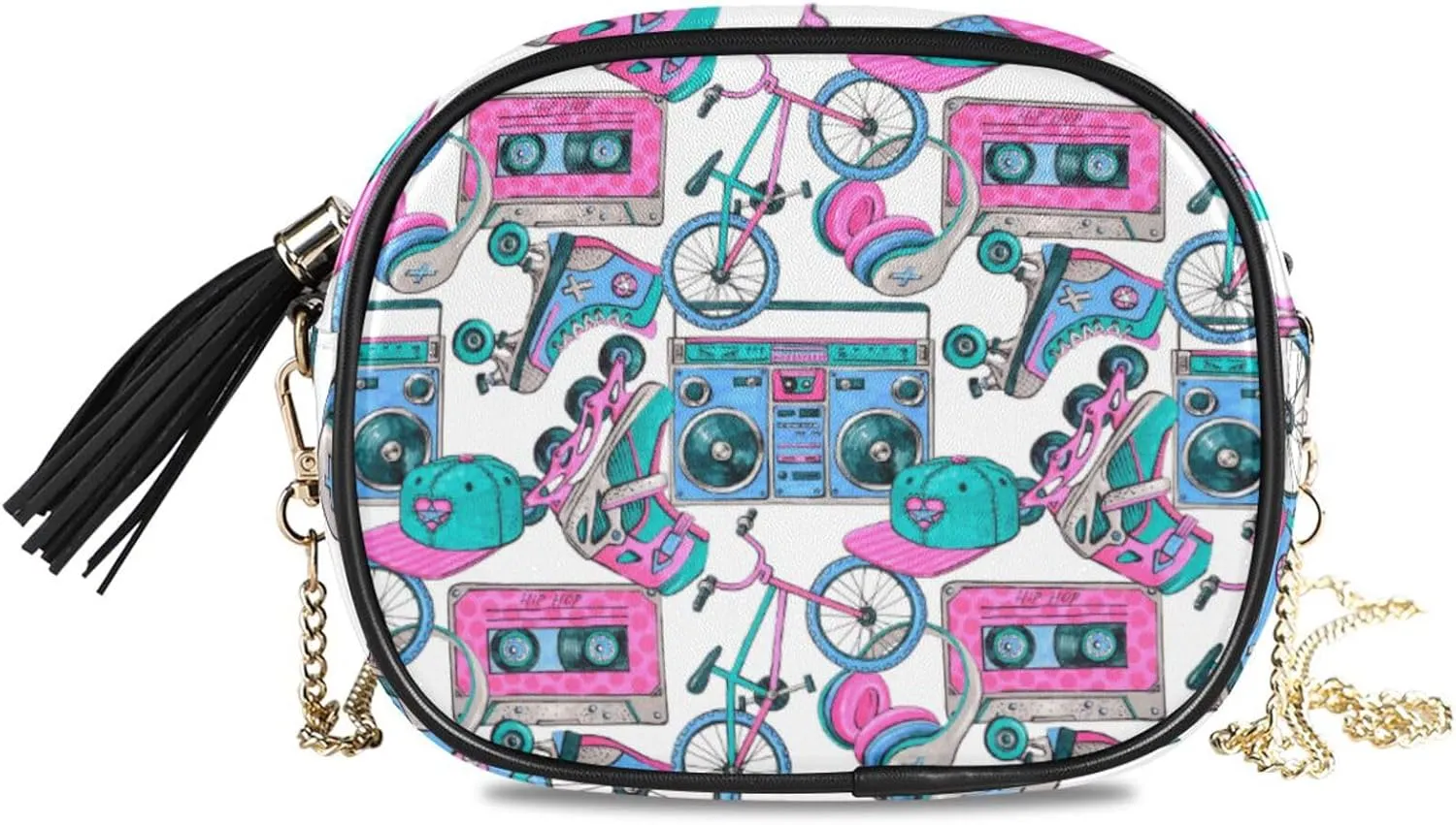 Small Crossbody Bag Retro Cassettes Recorder Bike Womens Shoulder Chain Bag PU Leather Small Purse With Tassel