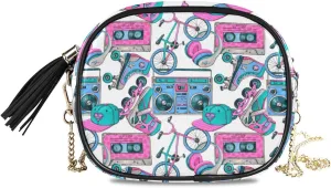 Small Crossbody Bag Retro Cassettes Recorder Bike Womens Shoulder Chain Bag PU Leather Small Purse With Tassel
