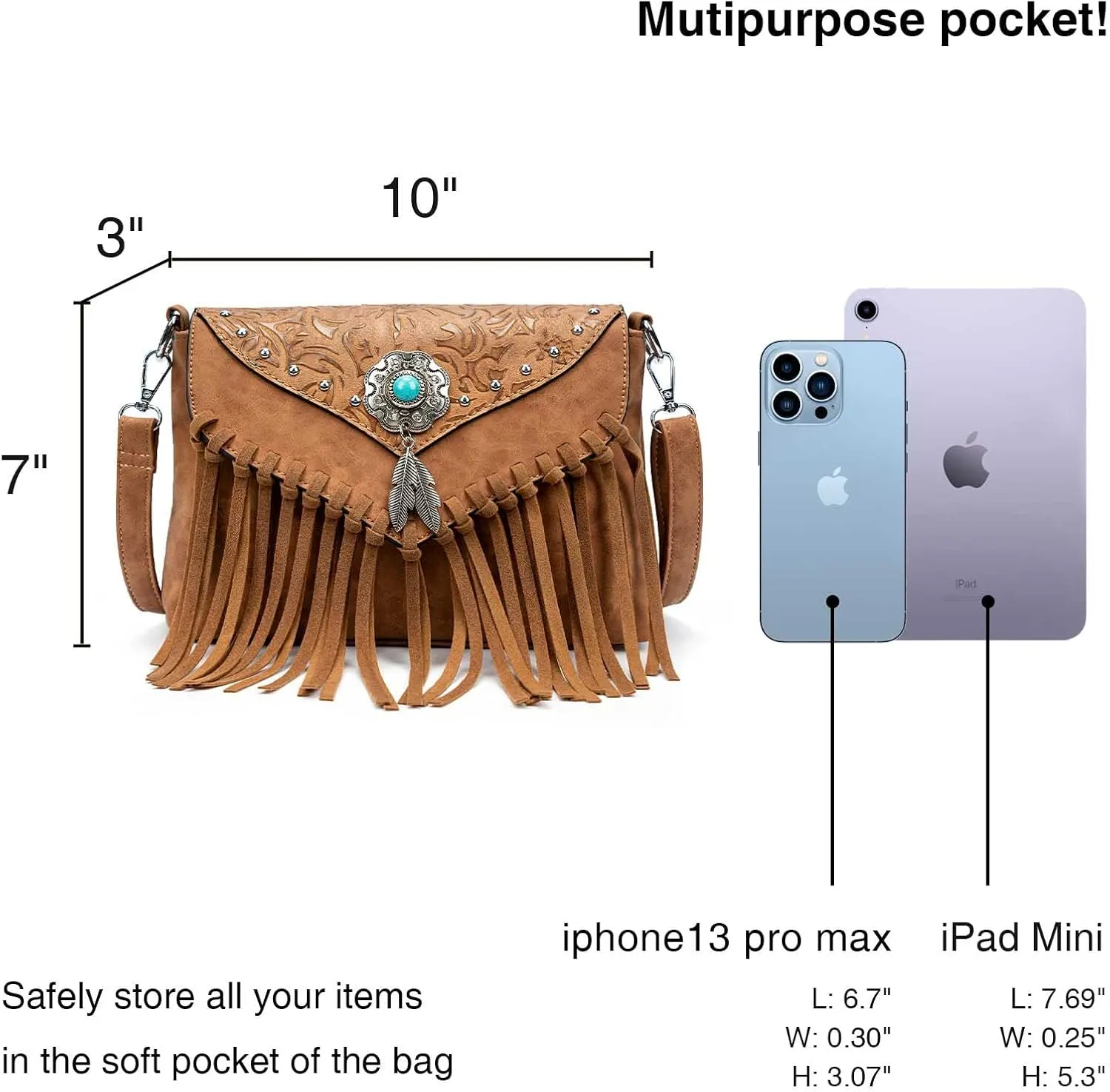 Small Crossbody Bags for Women Crossbody Handbag Fringe Purse Tassel Shoulder Bag Turquoise Concho Wallet