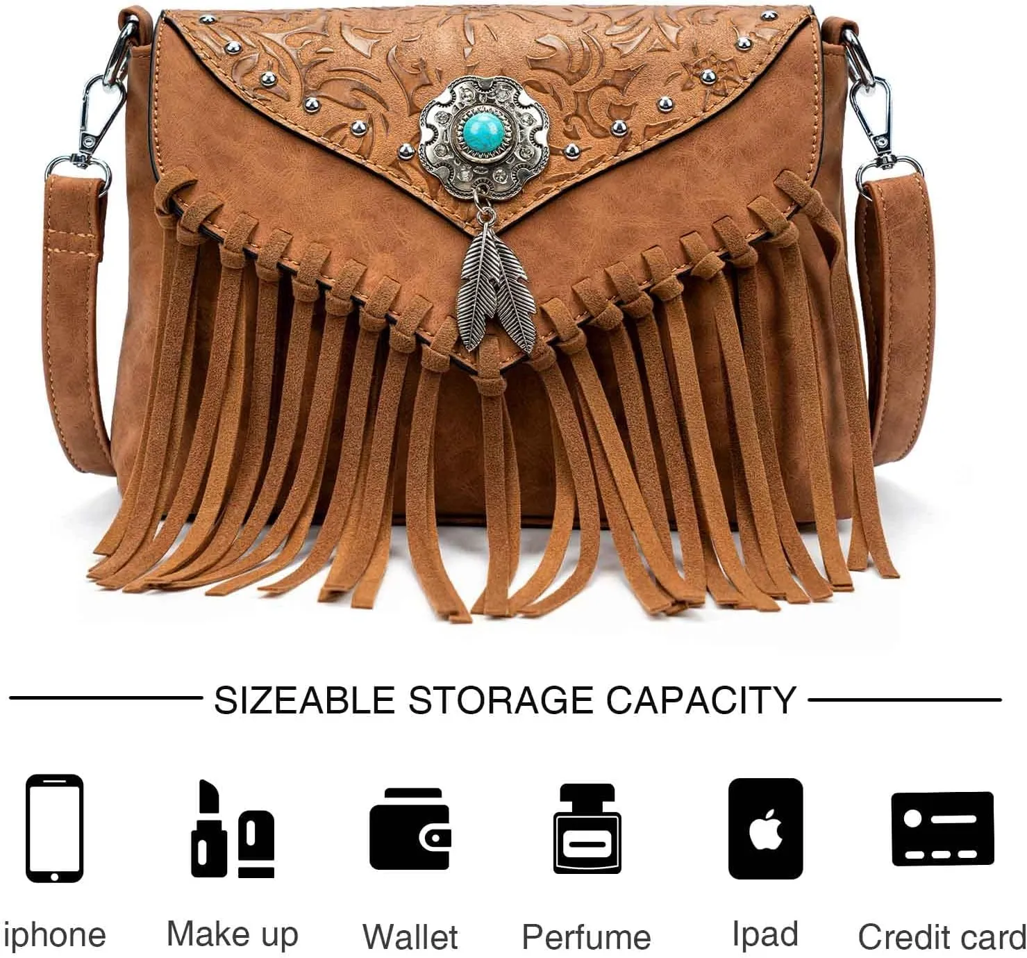 Small Crossbody Bags for Women Crossbody Handbag Fringe Purse Tassel Shoulder Bag Turquoise Concho Wallet