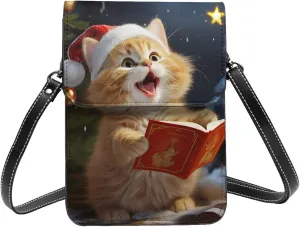 Small Crossbody Bags for Women Leather Cell Phone Purse Travel Wallet Cute Cat Sing Christmas Carols Cell Phone Bag Adjustable Strap