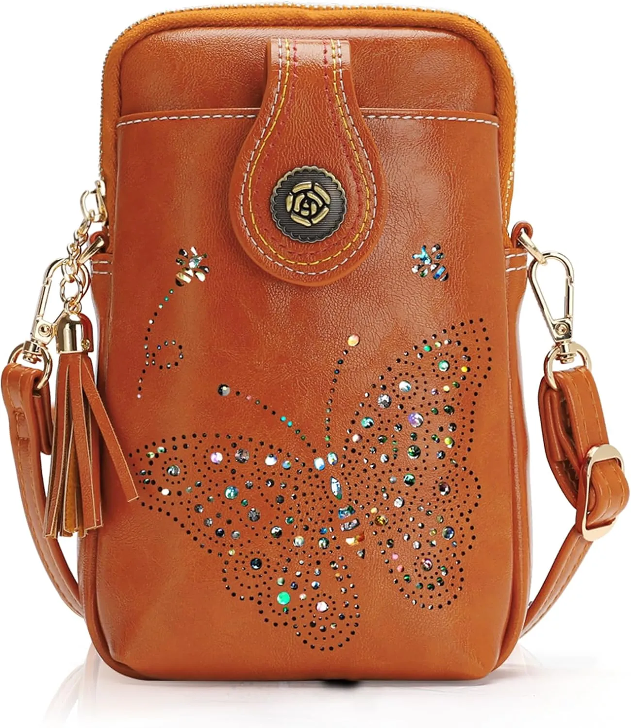 Small Crossbody Bags for Women, Lightweight Mini Cute Cell Phone Purse for Women with Tassel Shining Butterfly