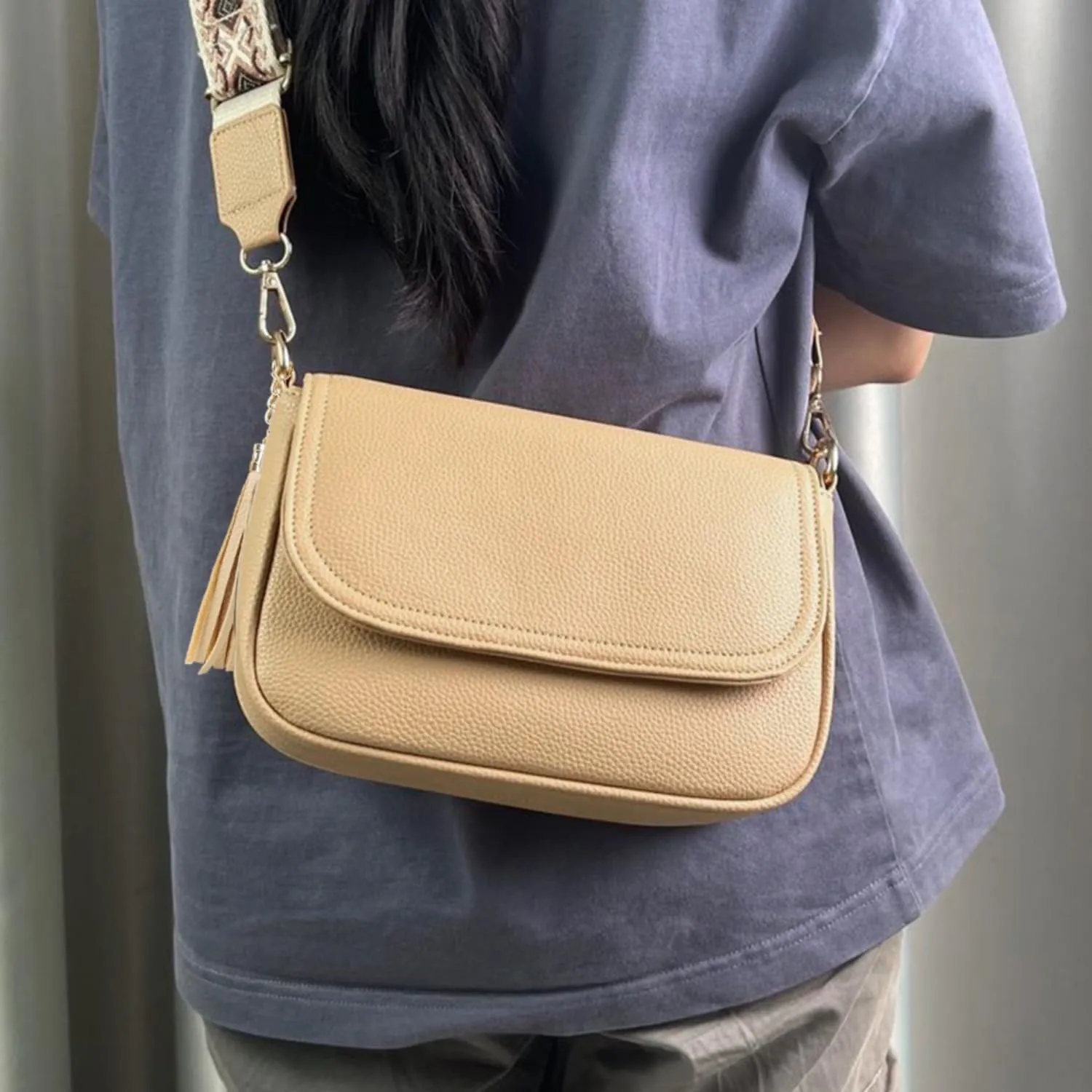 Small Crossbody Bags for Women Trendy Flap Saddle Purses with Tassel Vegan Leather Shoulder Bag